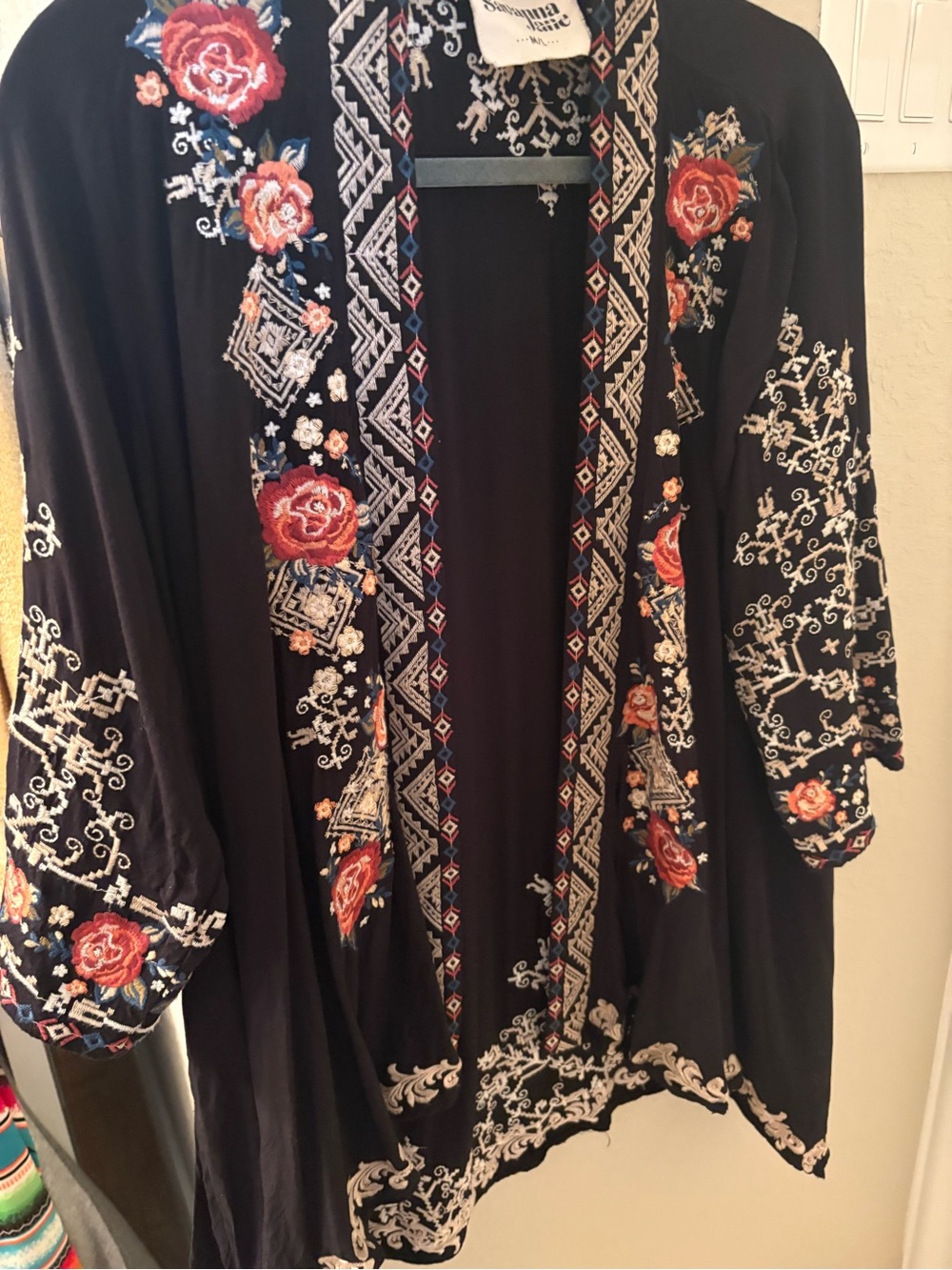 Savanna Jane Black Embroidered Kimono with Rose and Geometric Trim